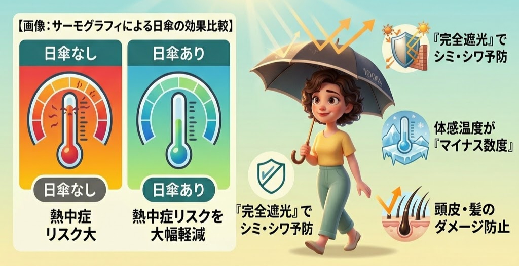 日傘を持つ女性のイラスト。サーモグラフィーで日傘の効果を比較し、熱中症リスク軽減や肌・髪のダメージ防止を説明。