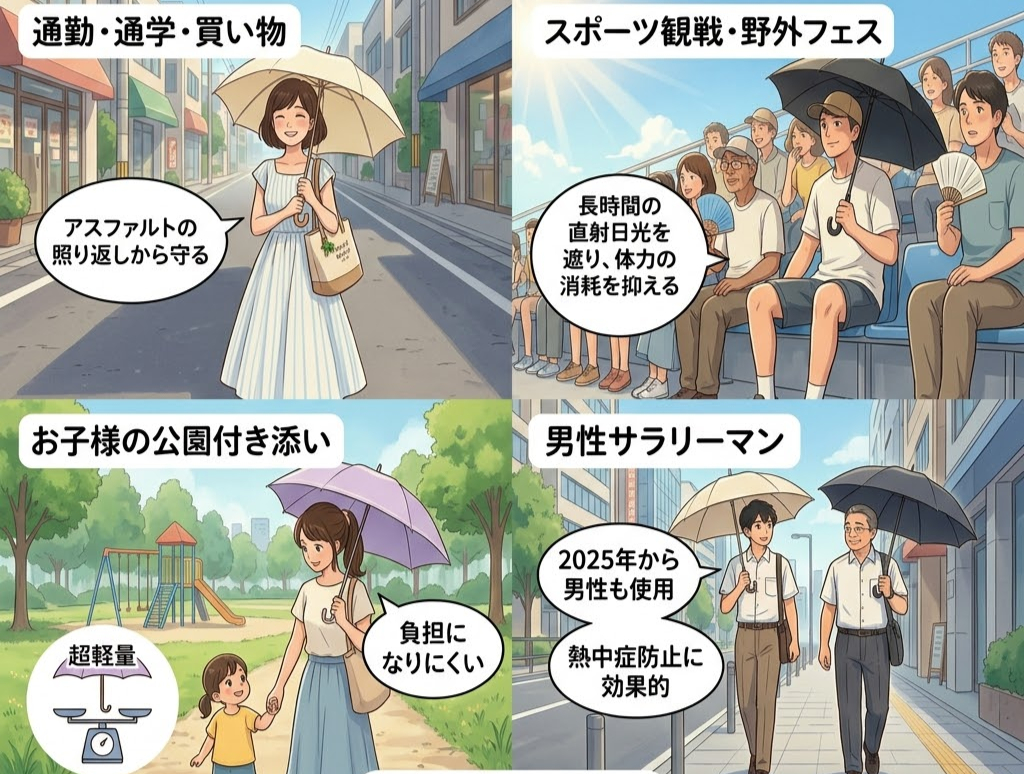 通勤や通学で傘を持つ女性、公園で子供と歩く母親、観戦中の観客、歩くサラリーマン。白や黒の傘がポイント。