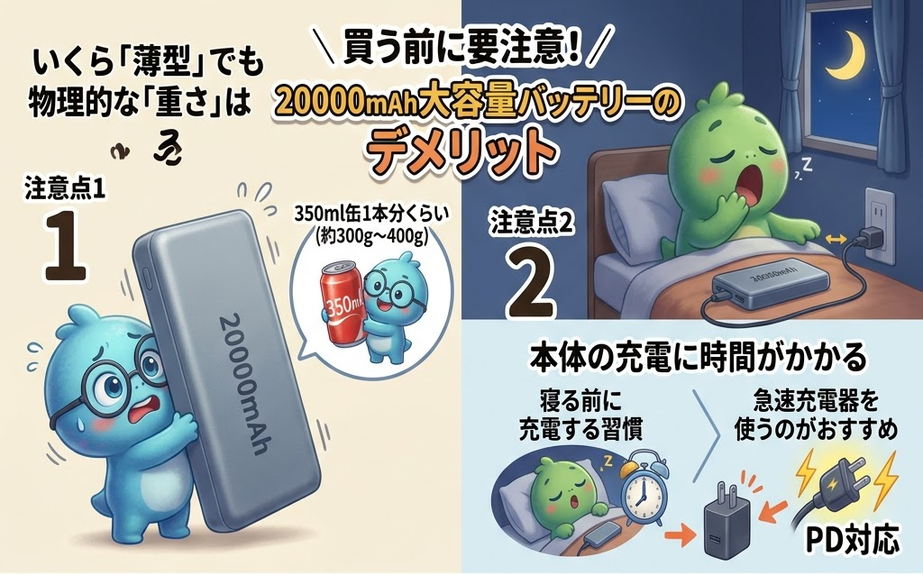 注意点として、青いキャラクターが重いバッテリーを苦労して持ち上げる。緑のキャラは寝室で充電に時間がかかっている様子。