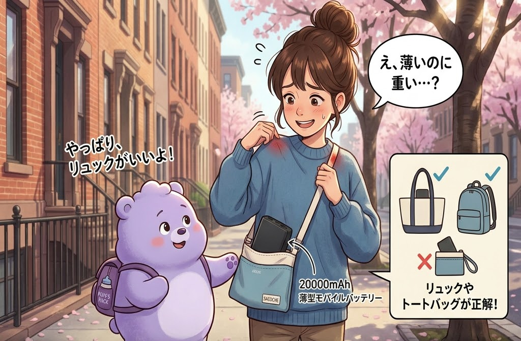 通りで女の子がショルダーバッグを開け、紫のクマが背負ったリュックを指差す。桜並木と煉瓦の家の背景。