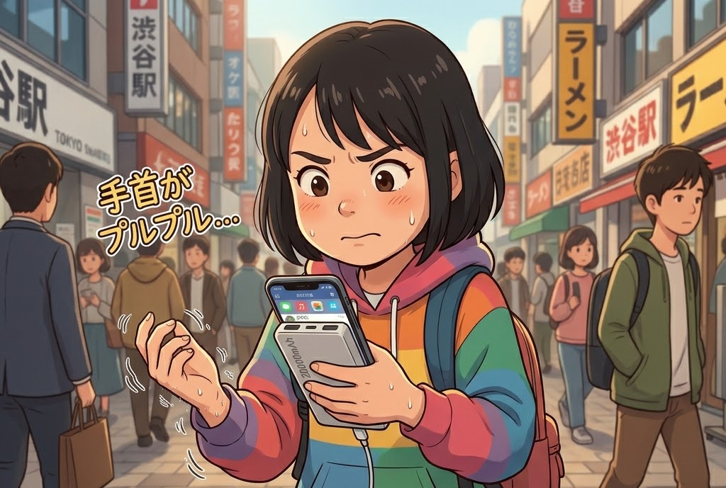 若い女性がスマホを操作しつつ手をプルプル震わせながら混雑した街中を歩く。虹色のパーカー。表情は困惑。掲示板に「渋谷駅」の看板。