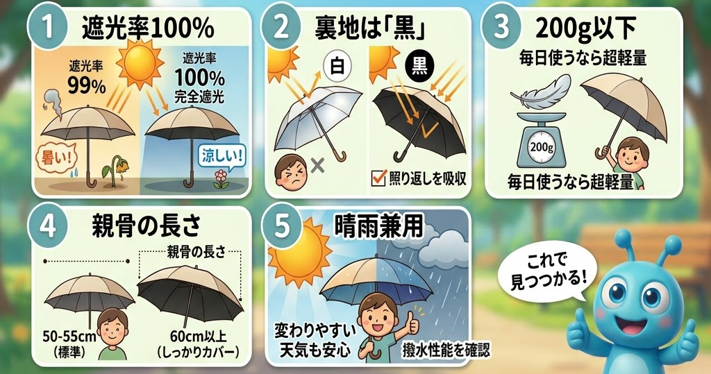 5つの傘の特徴を示すイラスト。遮光率100%、裏地は黒色、200g以下、親骨の長さ、晴雨兼用。青い生物が「これで見つかる！」と話す。