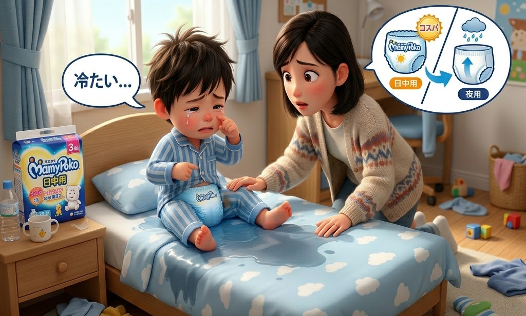 幼児が青いパジャマで泣き、母親が心配そうに手を当てる。ベッドは雲柄のシーツで、背景に窓とオムツのパッケージ。"冷たい…"のテキスト。