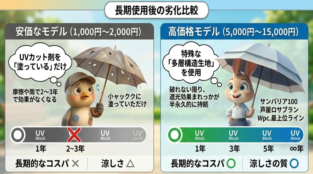 安価モデルのひよこと高価モデルのうさぎがそれぞれ傘を差し、効果持続年数を比較。背景には草木。テキストが多い説明画像。