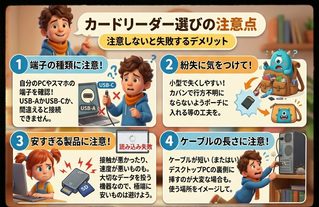 カードリーダー選びの注意点を説明するイラスト。少年と少女が端子やケーブルの長さに注意する場面。カラフルで注意書きあり。