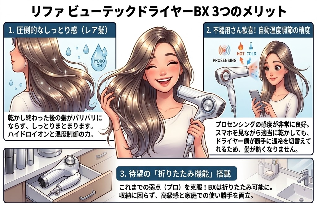リファビューテックドライヤーBXの特徴を説明するイラスト。女性が笑顔で髪を乾かし、ドライヤーが温度調整。背景に浴室とテキスト。