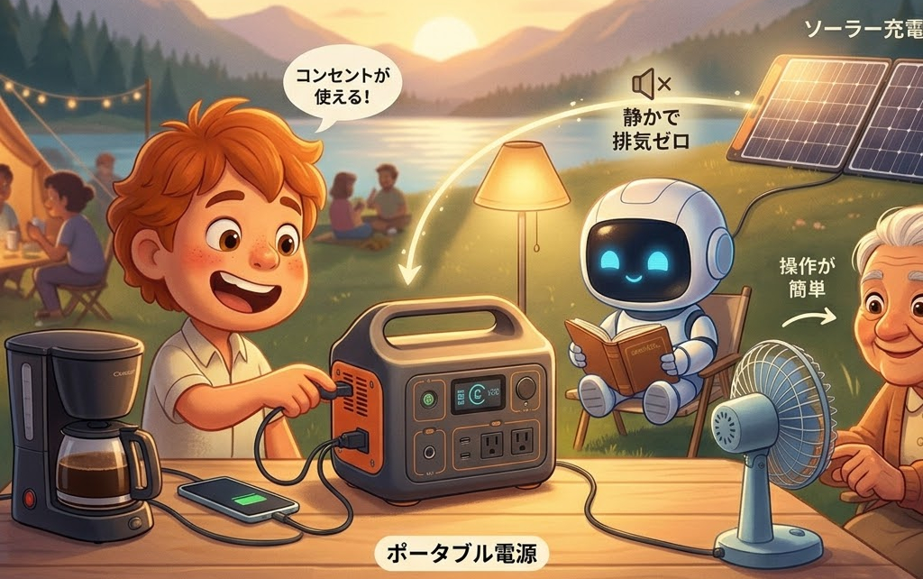 少年が屋外でポータブル電源を使いスマホを充電。近くでロボットが本を読み、扇風機が回る。背景に湖と山、テント。テキスト「コンセントが使える！」