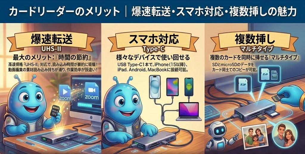 カードリーダーのメリットを紹介するポスター。青いキャラクターが3つの機能「爆速転送」「スマホ対応」「複数挿し」を説明。背景にデジタル機器が配置。