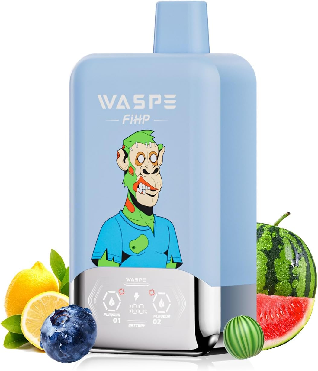 青いボトルにカラフルな猿のイラスト。背景にはレモン、ブルーベリー、スイカ。テキスト「WASPE FIHP」が見える。