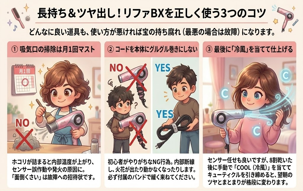 ドライヤーの正しい使い方を説明するイラスト。女性が月1回の掃除、男性がコードを巻かない、別の女性が冷風で仕上げを実演。明るい室内の背景。