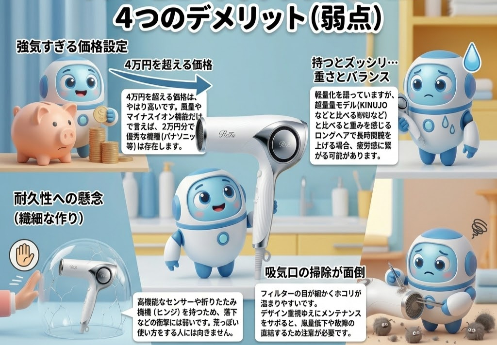 青いロボットが4つのデメリットを説明。背景にブタの貯金箱と高価なドライヤー。ロボットは重量や手入れの面倒さに困る表情。