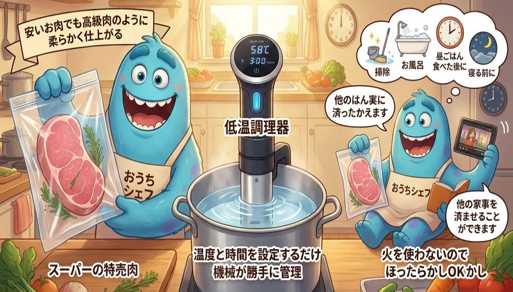 青いキャラクターが台所で「おうちシェフ」と書かれたエプロンを着け、低温調理器で肉を調理中。リラックスした雰囲気。