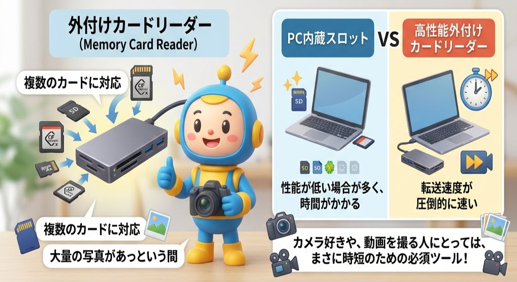 外付けカードリーダーと複数のカードが描かれたイラスト。PC内蔵スロットとの比較。カメラを持つキャラクターが説明。設定は室内。