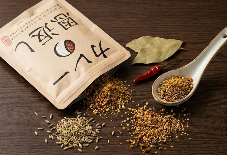 茶色のテーブルに、スパイス入りスプーン、封の開いたパッケージ、ローレル、唐辛子。和風のデザインと文字あり。