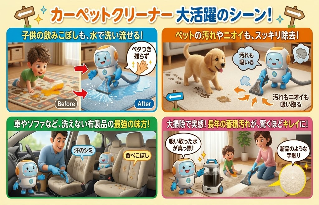 カーペットクリーナーの宣伝画像。子供がジュースをこぼすシーンや犬の足跡掃除、車のシート清掃を描く。明るい色調でロボットが活躍。