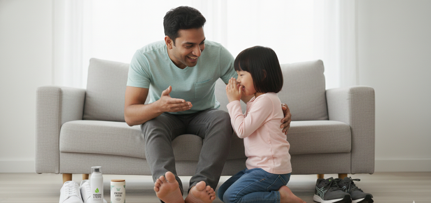 男性と女の子がリビングで笑顔で会話。背景にソファと日用品。柔らかい照明で温かい雰囲気。