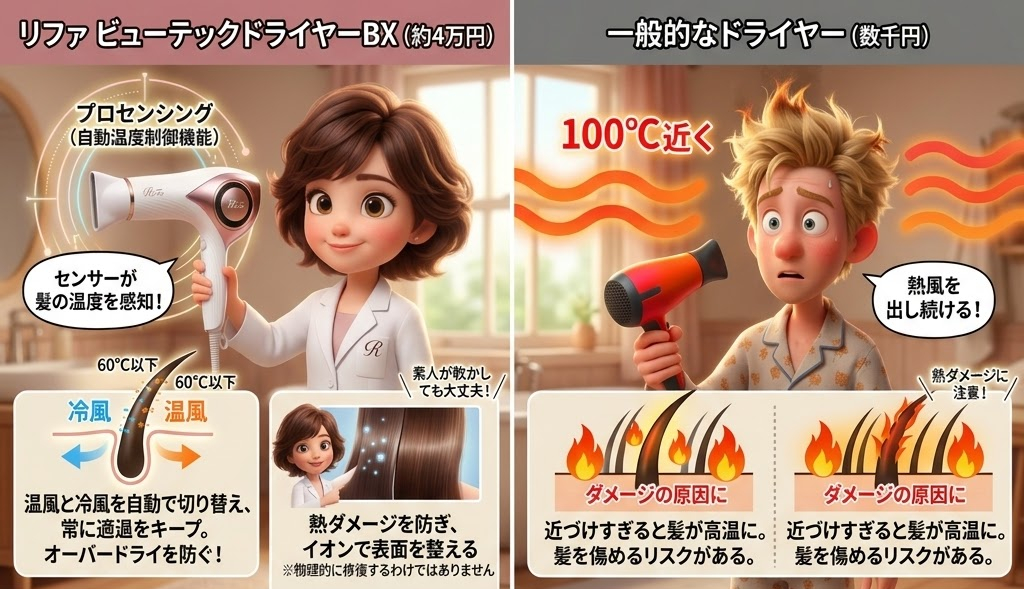 リファ ビューテックドライヤーの比較広告。左は女性がドライヤーを使い、安全機能を強調。右は男性が一般ドライヤーで髪にダメージを受けている。