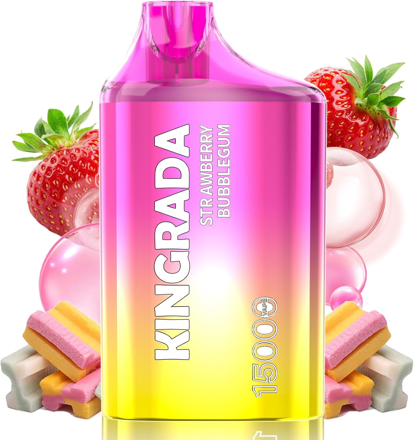 ピンクと黄色のグラデーションボトルに「KINGRADA STRAWBERRY BUBBLEGUM 15000」の文字。背景にイチゴとガム、バブルが見える。