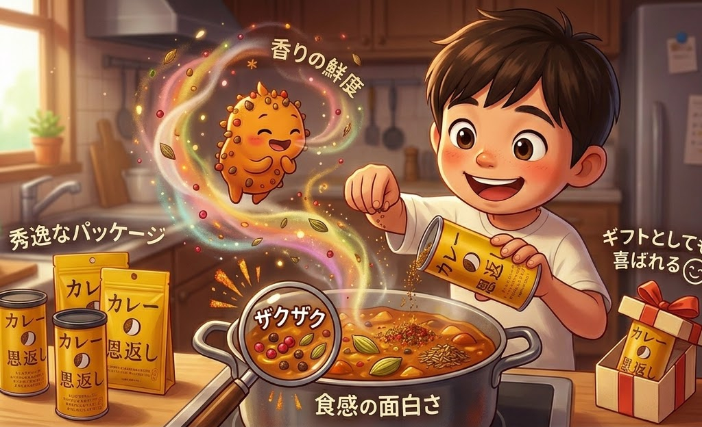 少年が笑顔でカレーを作る。魔法のような香りが舞い、缶とパッケージに「カレー恩返し」と書かれている。暖かいキッチンの背景。