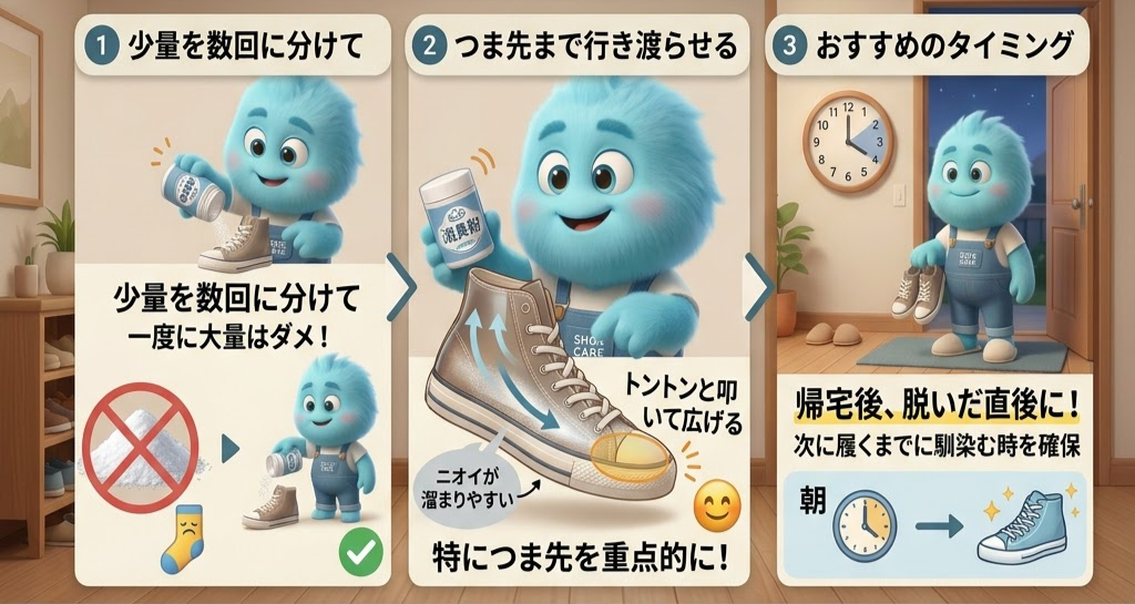 青いキャラクターが靴に消臭剤を振りかける手順を説明。背景に室内、時計。各場面の手順と注意がテキストで示されている。