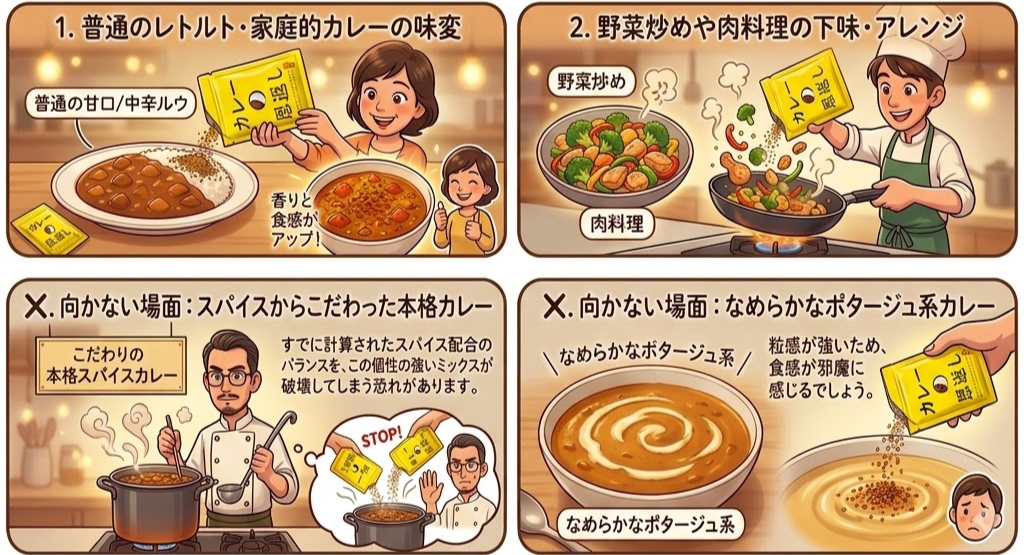 カレー料理を改良する方法を紹介。女性と子供がパッケージを持ち、カレーを改善。男性シェフが鍋で調理。野菜炒め等に応用。