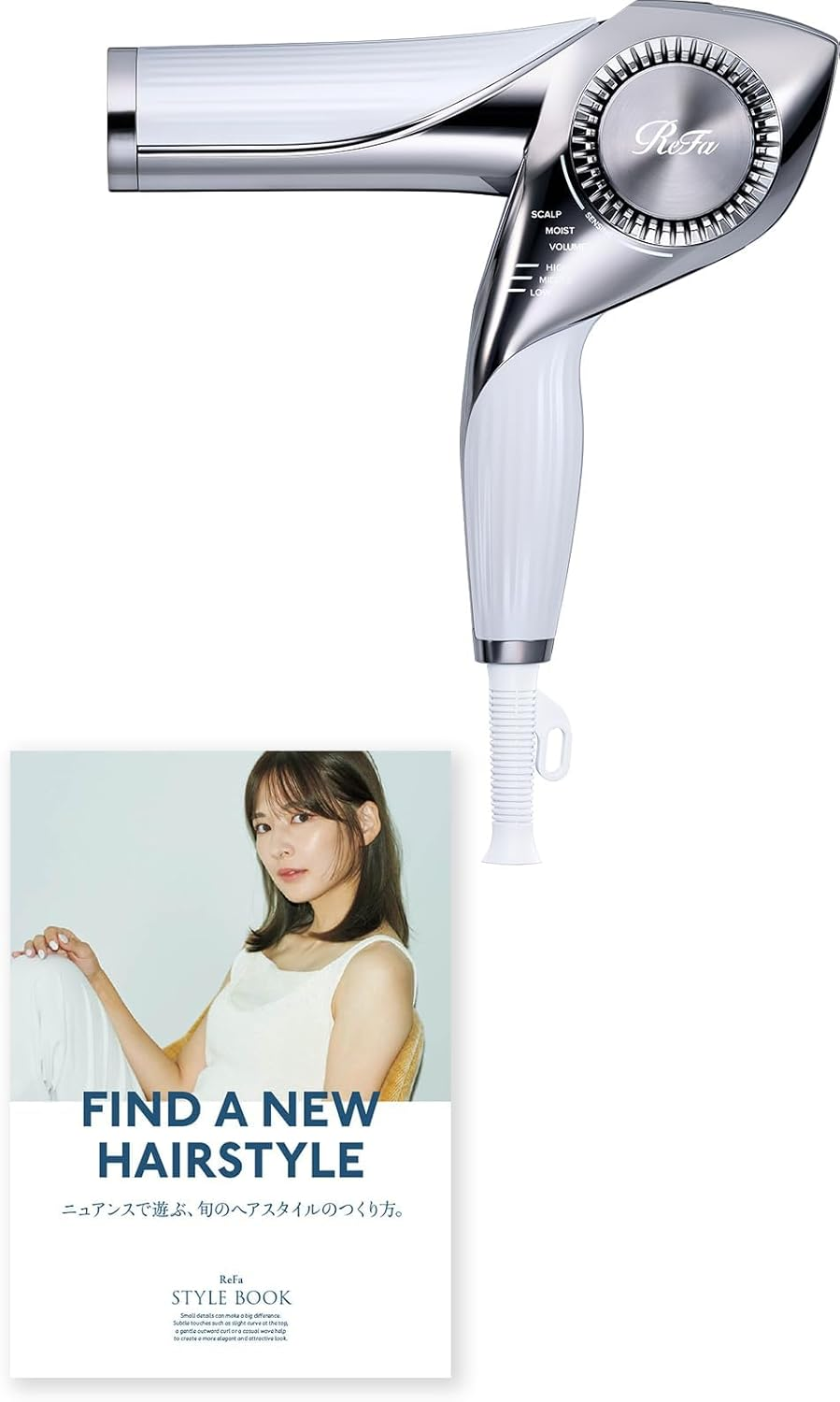 シルバーのReFaドライヤーと白い服の女性。下に「FIND A NEW HAIRSTYLE」とテキスト。スタイリッシュなデザイン。