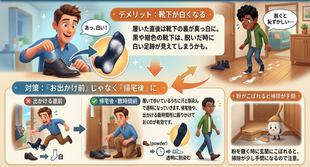 男性が靴に粉をふり、脱いだ靴下が白くなる悩みを解説。帰宅後に使用を勧める。背景に部屋と説明文がある。