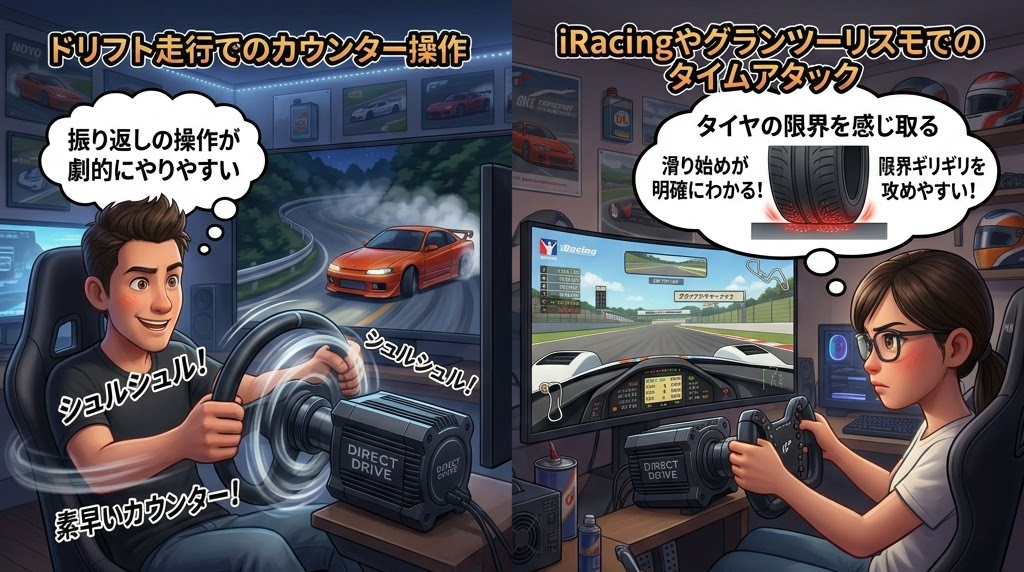 シミュレーターでレースゲームをプレイする男女。男性はカウンターステア操作中、女性は集中しタイヤの限界を感じ取っている。ゲーム画面やテキスト付き。