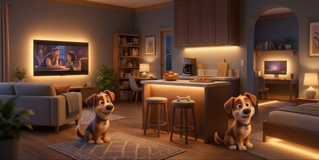 ライトの暖かいリビングに2匹の犬が座る。テレビには人の映像。キッチンと家具、デスクが背景に映える。