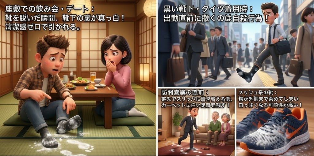 男性が座敷で靴下の裏が白くなり困惑。オフィス街を歩くスーツ姿の男性の靴底も白い。靴と異なる状況が描かれる。