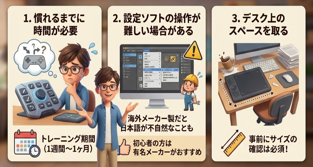 3つのパネル状に情報が並ぶイラスト。1つ目は慣れるまで時間が必要、2つ目は設定ソフトが難しい場合、3つ目はデスクのスペース問題を説明。