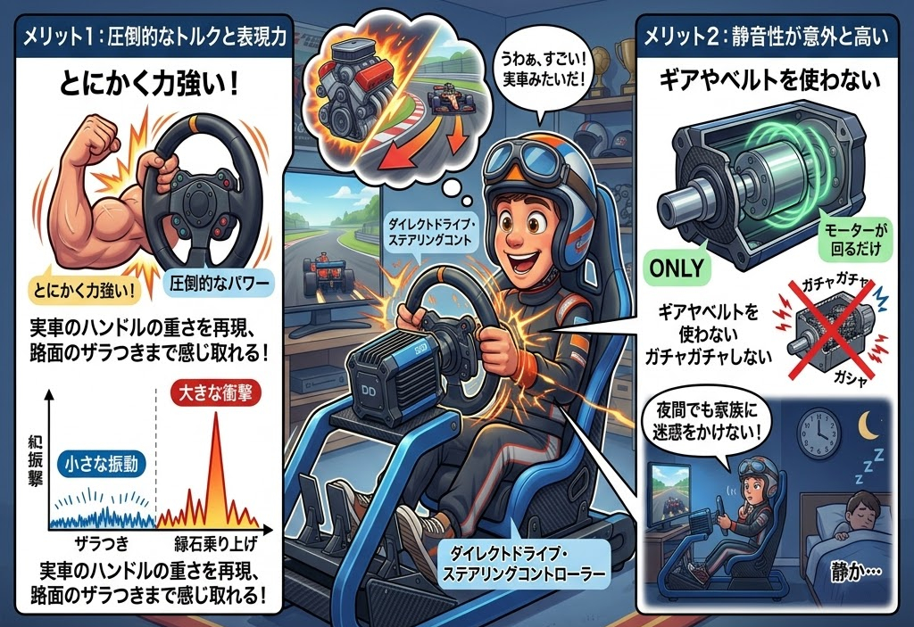漫画風のイラストで、レース用ステアリングを操作する男性。力強さと静音性を強調。右上に静かな環境で操作する様子も描写。テキストで説明。