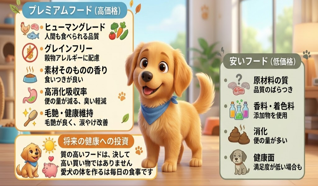 可愛い子犬が青いバンダナを着用し、プレミアムフードと安いフードの違いを説明する表が背景にある室内で立っています。