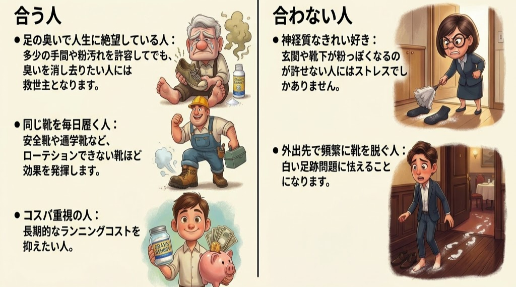 合う人と合わない人を描いたイラストと説明。左側は足の臭いやコスト重視、毎日同じ靴を履く人を描写。右側は潔癖症と靴を脱ぐ人。