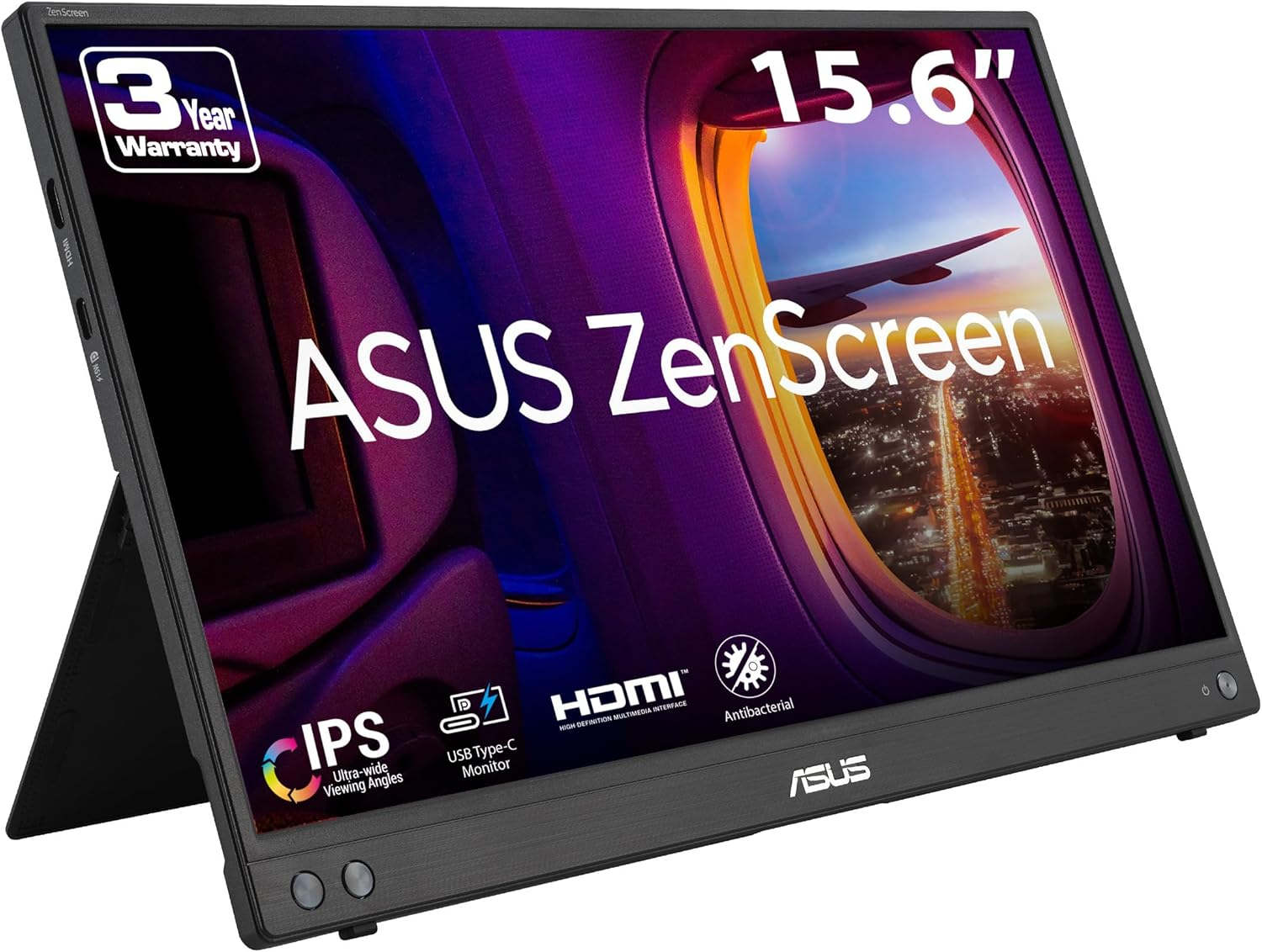 ASUS ZenScreenモニター、15.6インチのテキストと飛行機の窓、夜景が表示されたディスプレイ。3年保証、USB Type-C対応。