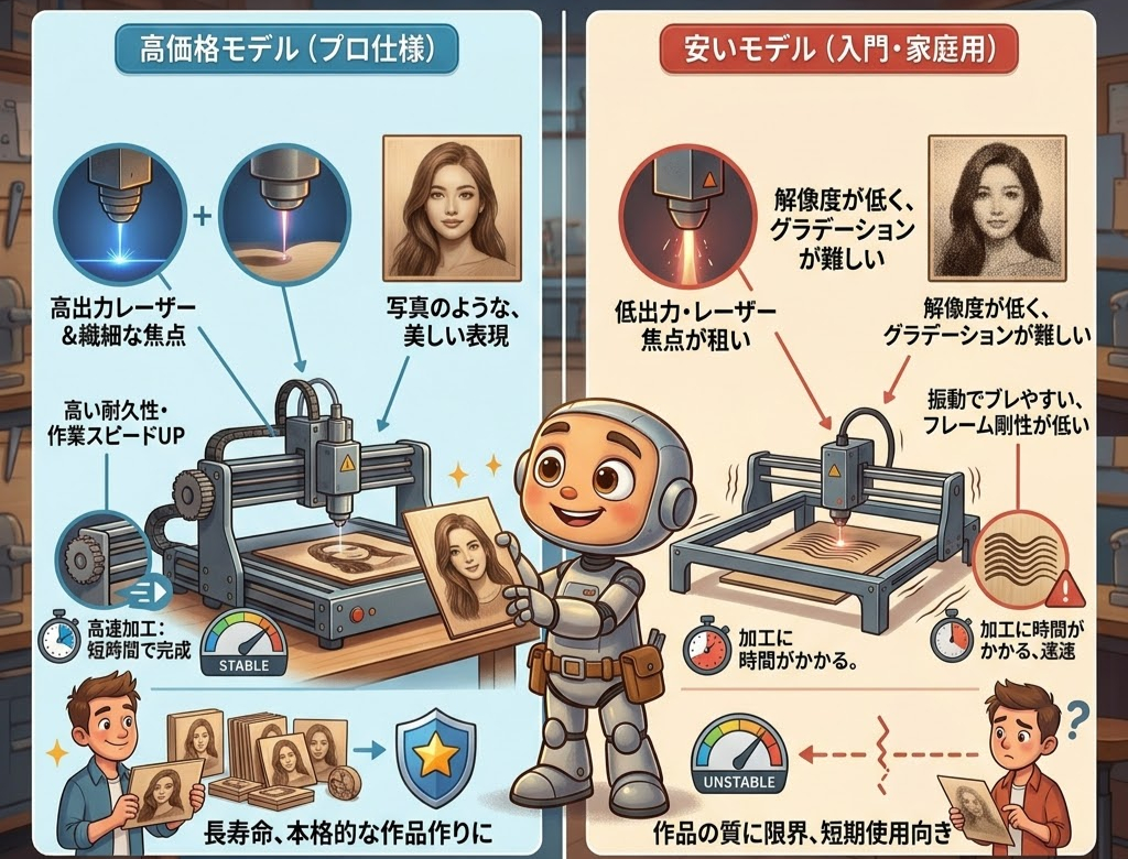 ロボットがレーザー加工機の高価格モデルと安いモデルを紹介。プロ仕様は高精度で耐久性が高く、高速作業に適している。