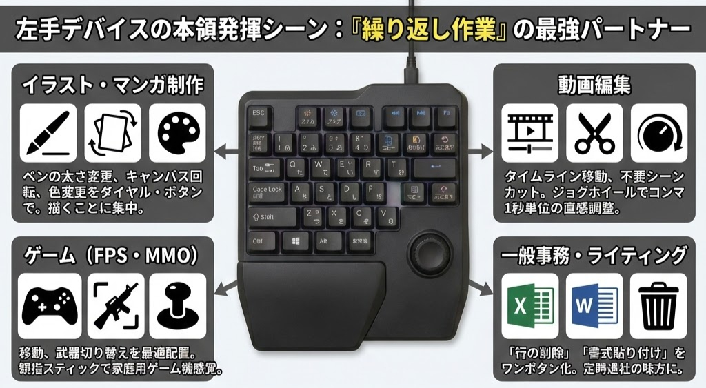 左手デバイスを活用した「繰り返し作業」の紹介画像。イラスト制作、ゲーム、動画編集、一般事務に役立つと記載。