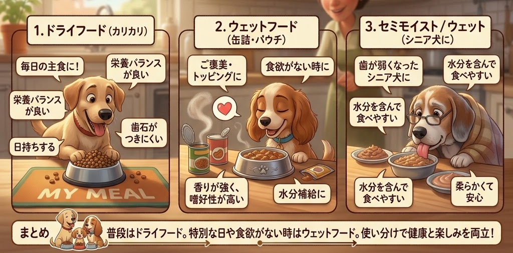 ドッグフードの種類を説明するイラスト。3匹の犬がドライフード、ウェットフード、セミモイストを楽しそうに食べている。背景は家庭のキッチン。フードの利点が吹き出しで示されている。