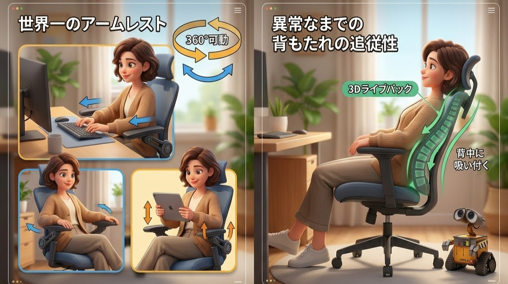 オフィスチェアに座る女性。左はコンピュータを使用し、右はタブレットを操作。360°回転や背もたれの柔軟性を強調。背景に植物。