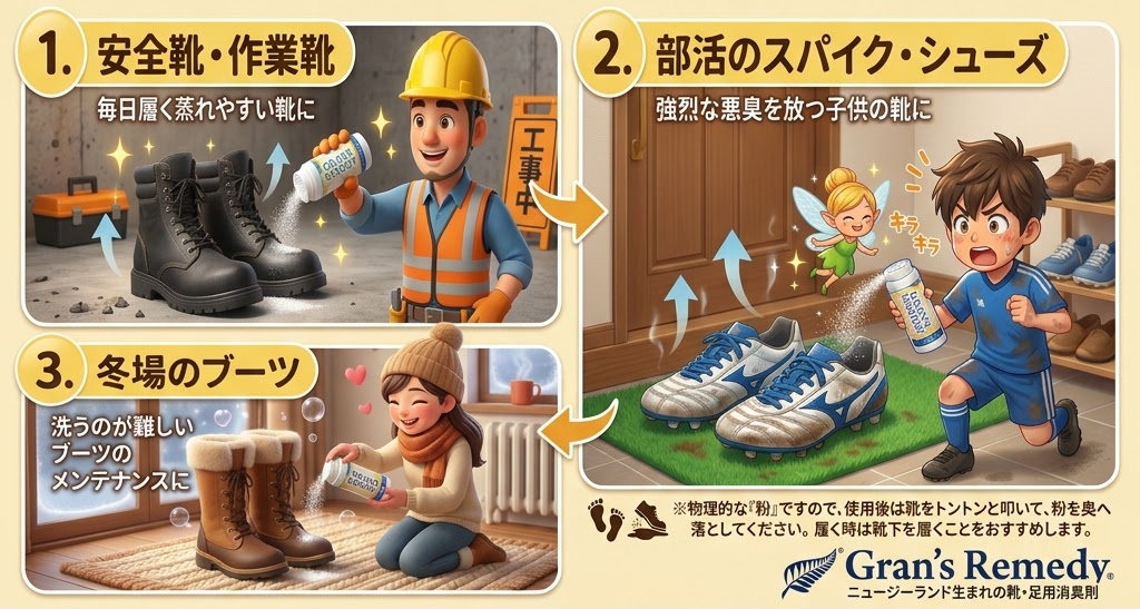 作業靴に粉を振る作業員、サッカーシューズを前にした少年、冬用ブーツを手入れする女性。笑顔で、室内は暖かい雰囲気。