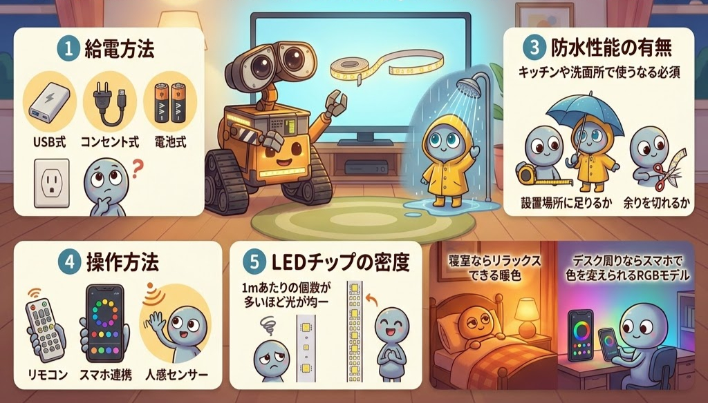 ロボットとキャラクターがLEDライトの使い方を説明するイラスト。給電方法、防水性、操作方法などを示す。明るい色合い。