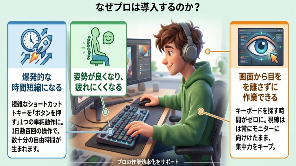 なぜプロは導入するのかとある画像。男性がヘッドフォンをし、PCで作業中。背景にはモニターとテキストの説明があり、生産性と姿勢改善を強調。