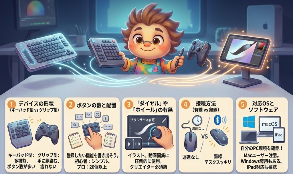 子供がカラフルなシャツを着て、デバイスを浮かせている。背景にはデスクとモニター。デバイスの特長を示す図と説明文がある。