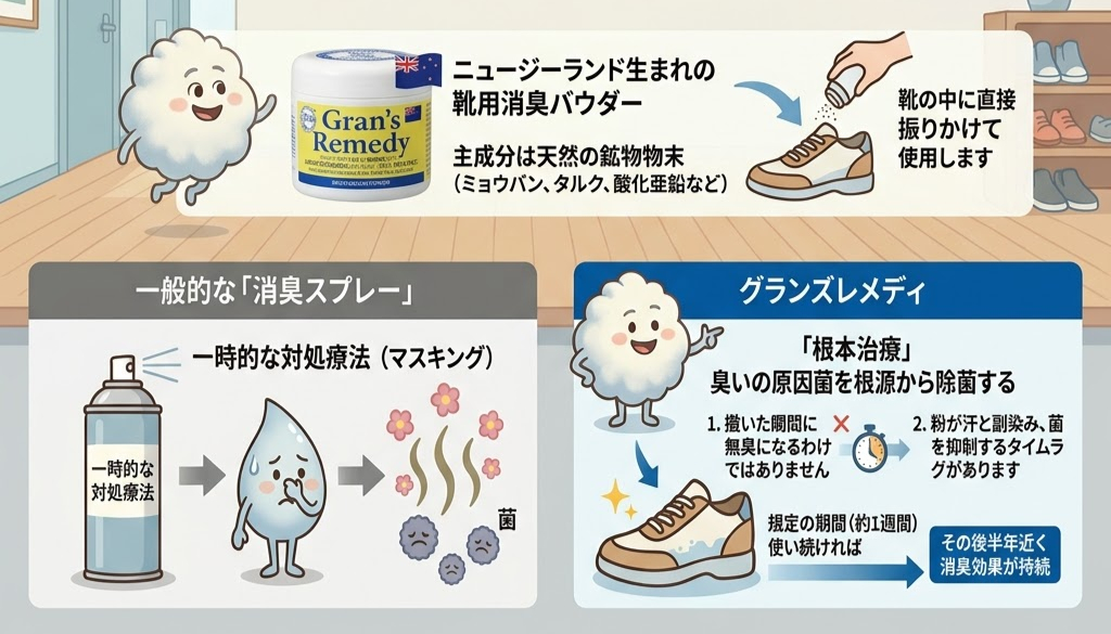 ニュージーランド産靴用消臭パウダー「グランズレメディ」と一般的な消臭スプレーの比較。消臭粉は直接靴に振りかける。イラストと説明文あり。