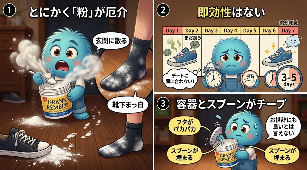 青いキャラクターが粉をこぼす。横に靴があり、「GRANS REMEDY」の缶を持つ。日ごとの説明図と時計を見て困惑。字幕あり。