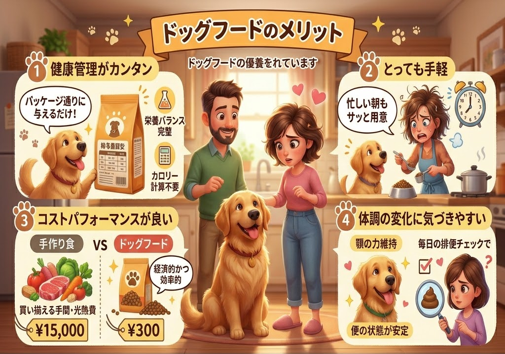 ドッグフードのメリットを紹介するイラスト。男性と女性、犬が仲良くキッチンにいる。人々は犬の健康と効率について説明する。日本語テキストあり。