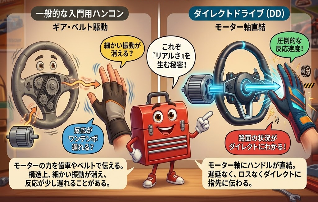 二つのハンドルが画像に描かれ、左はギア・ベルト駆動、右はダイレクトドライブ(DD)の説明。中央にキャラクターが指を指し説明。