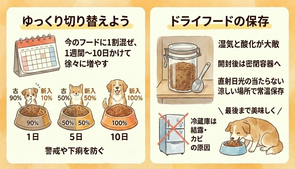 カレンダーと犬がドッグフードの切替段階を説明。ドライフードは密閉容器で保存し冷蔵禁止。犬が美味しそうに食事中。