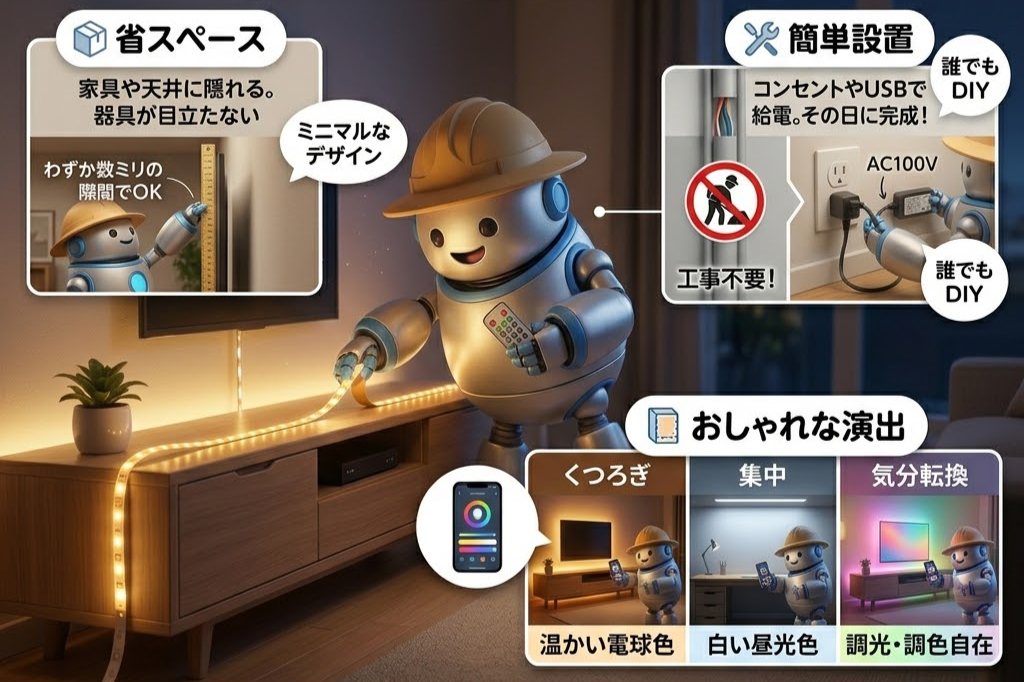 ロボットが照明テープをDIYで取り付け。AC100Vに接続し、スマホで調光可能。部屋は温かみのある明かりが灯る。