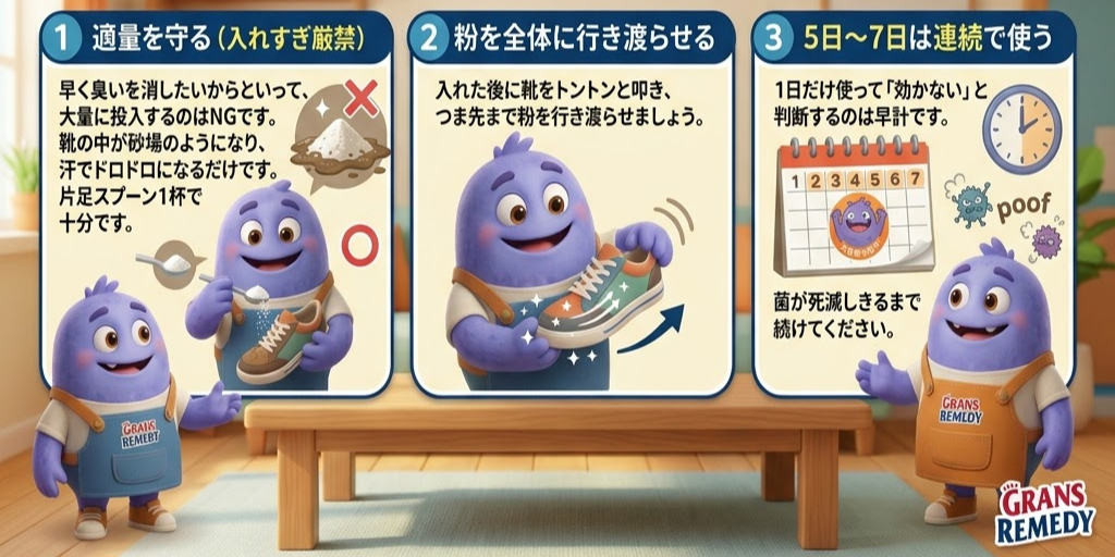 3つの場面に青紫色のキャラクターが描かれています。1. 靴にスプーンで粉を加える。2. 靴を振る。3. カレンダーで5～7日使用を指示。各シーンに日本語の説明あり。背景は室内。